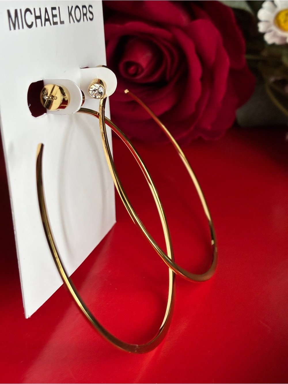 Michael Kors Shiny Gold Hoop Earrings with Crystal Stud - Picture 7 of 8